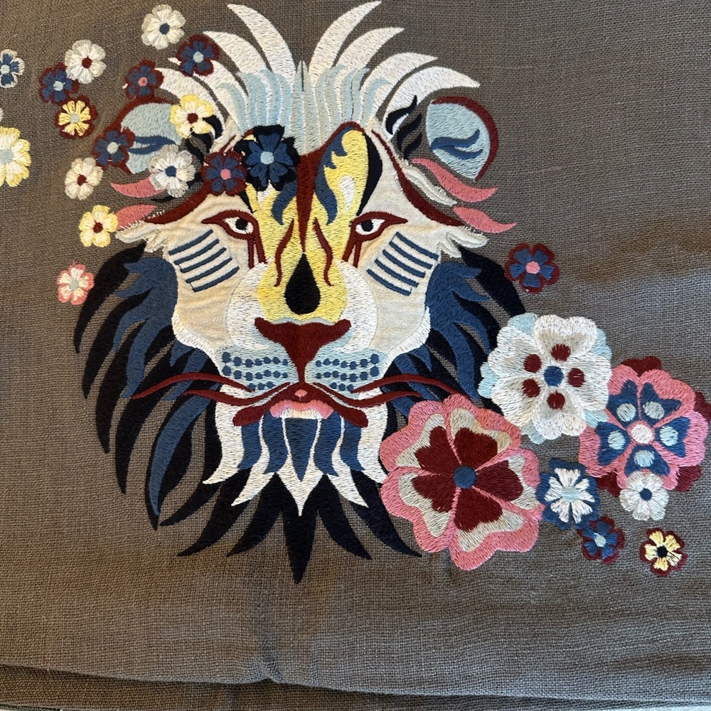 Williams Sonoma Embroidered Floral Lion Pillow 22”X 14” (Set of Two)